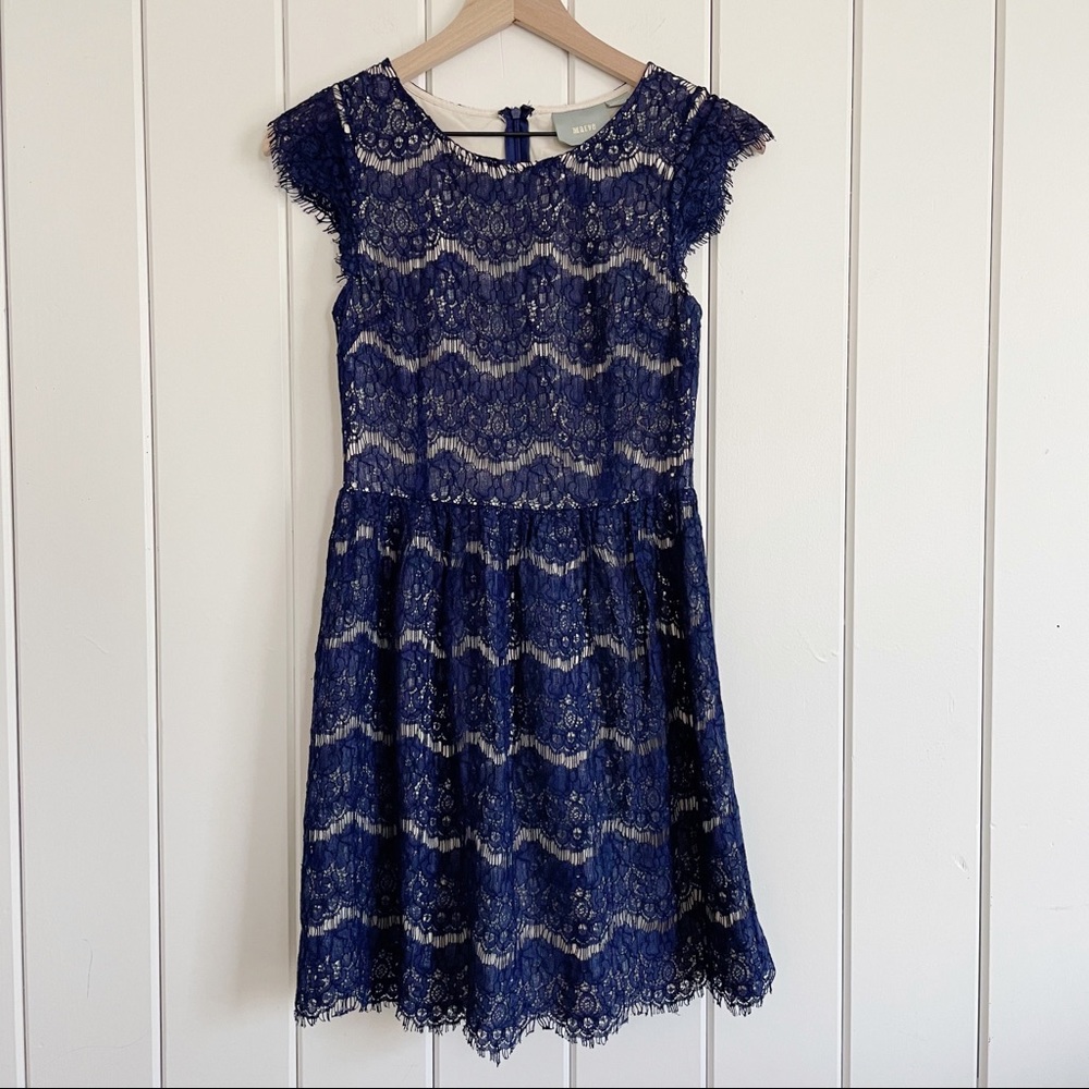 Maeve Anthro Blue Lace A-Line Dress w Nude Lining